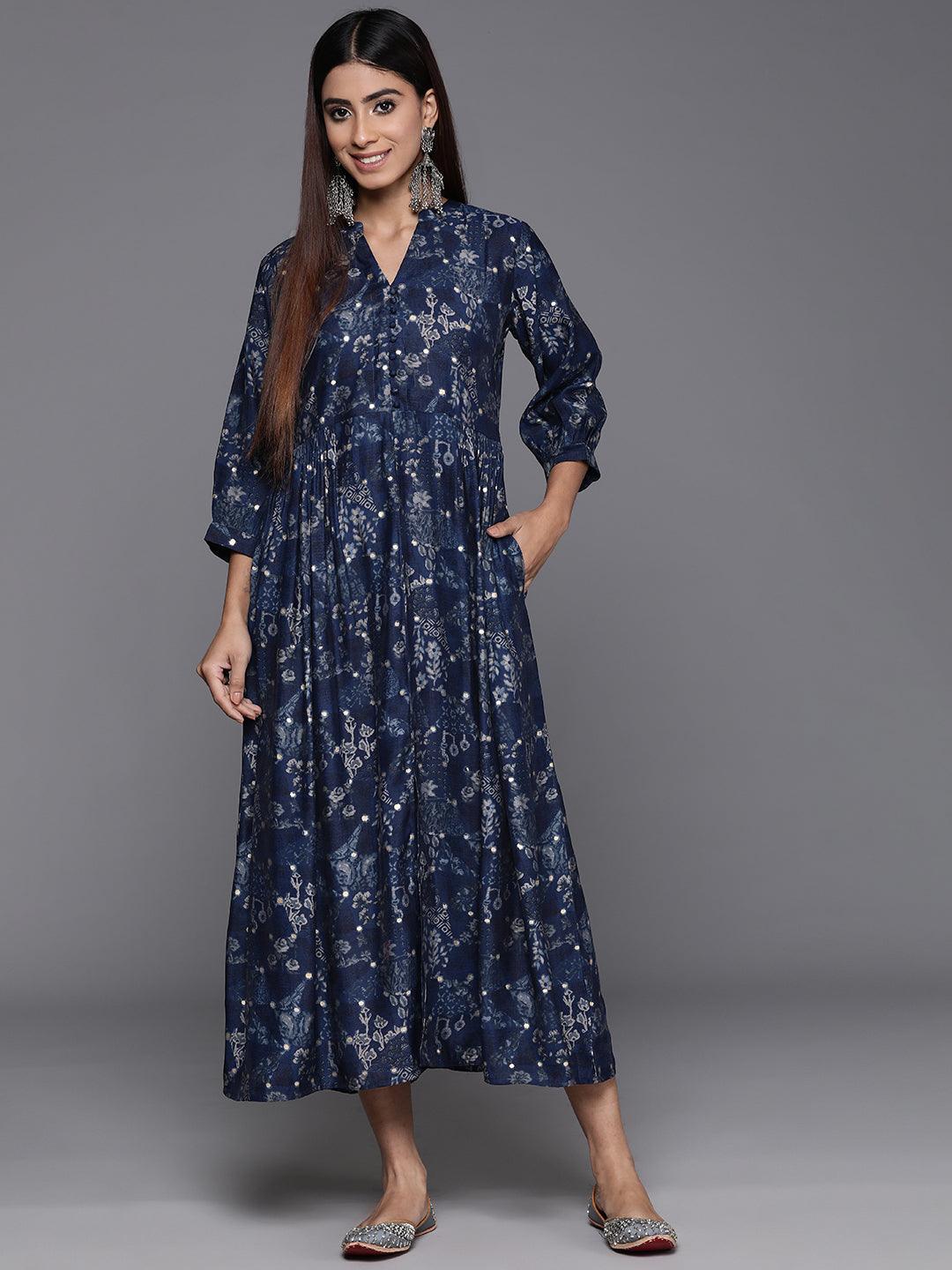 Blue Printed Silk Fit and Flare Dress - ShopLibas