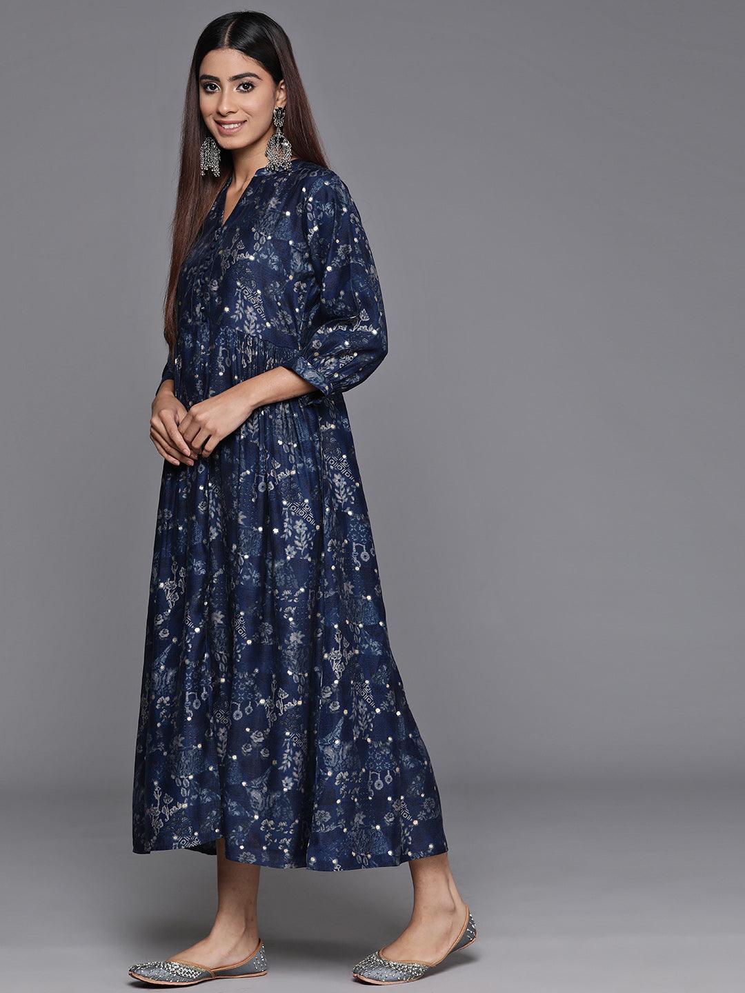 Blue Printed Silk Fit and Flare Dress