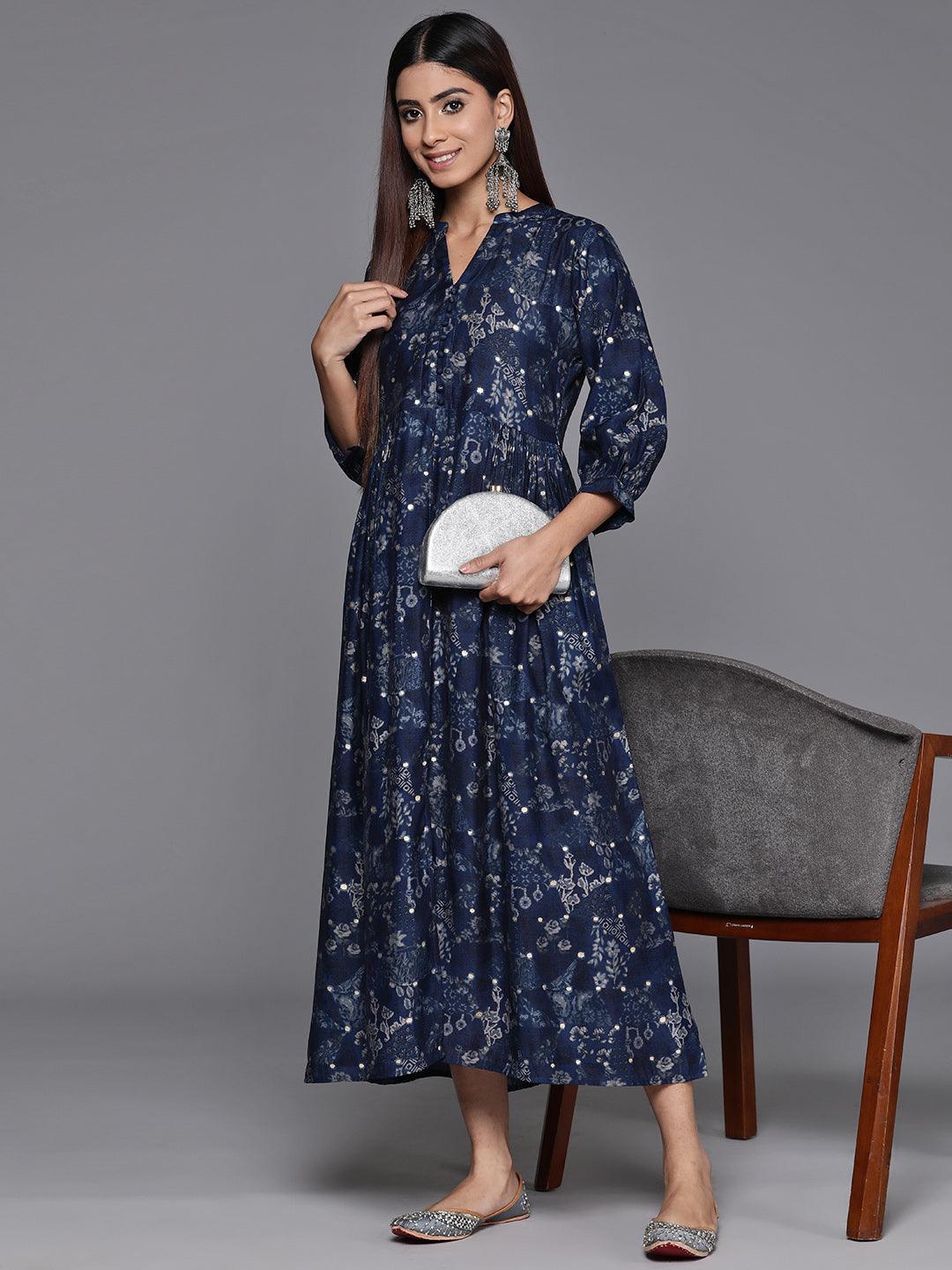 Blue Printed Silk Fit and Flare Dress