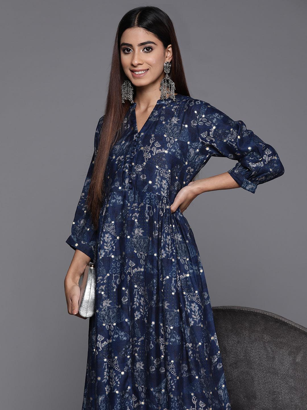 Blue Printed Silk Fit and Flare Dress