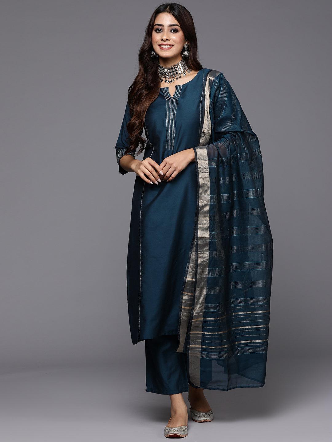 Blue Solid Silk Blend Straight Suit With Dupatta