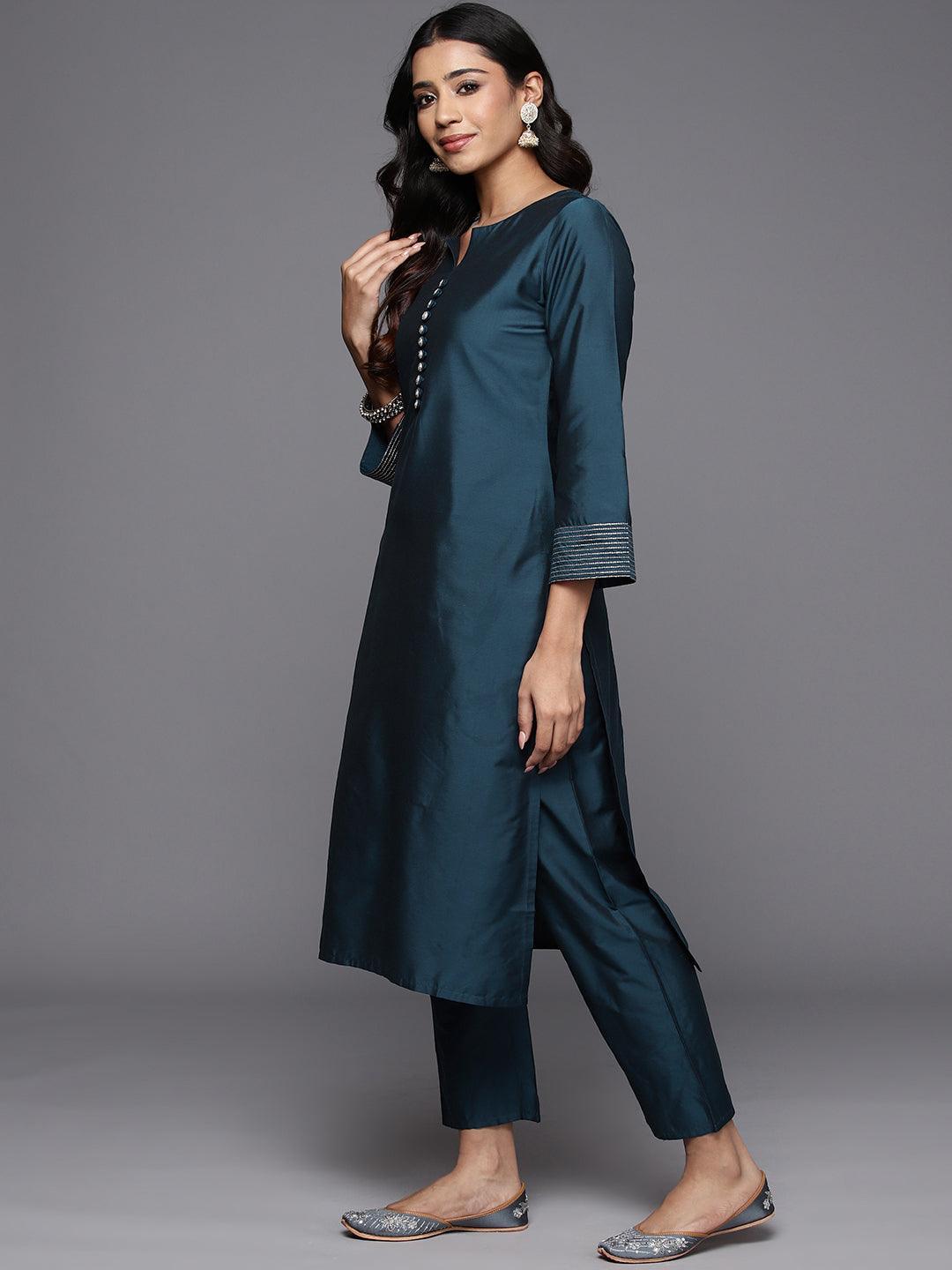 Blue Solid Silk Blend Straight Suit With Dupatta