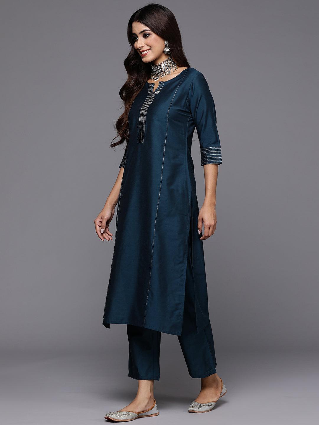 Blue Solid Silk Blend Straight Suit With Dupatta