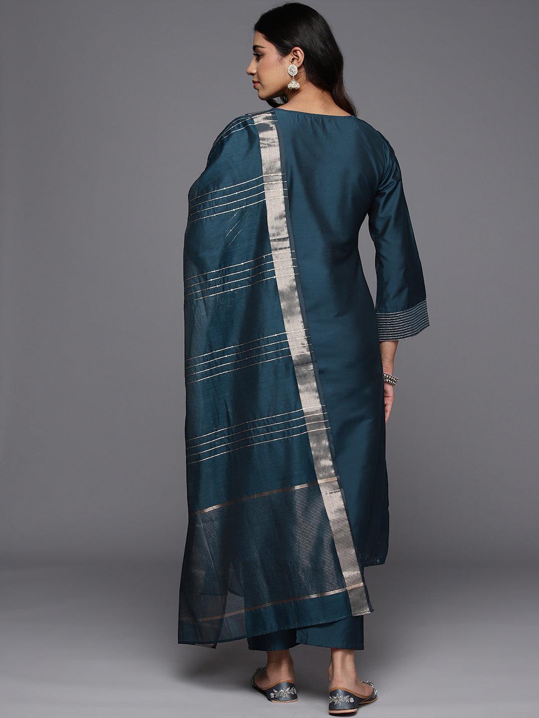 Blue Solid Silk Blend Straight Suit With Dupatta