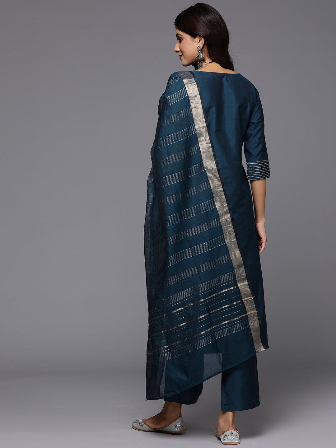 Blue Solid Silk Blend Straight Suit With Dupatta