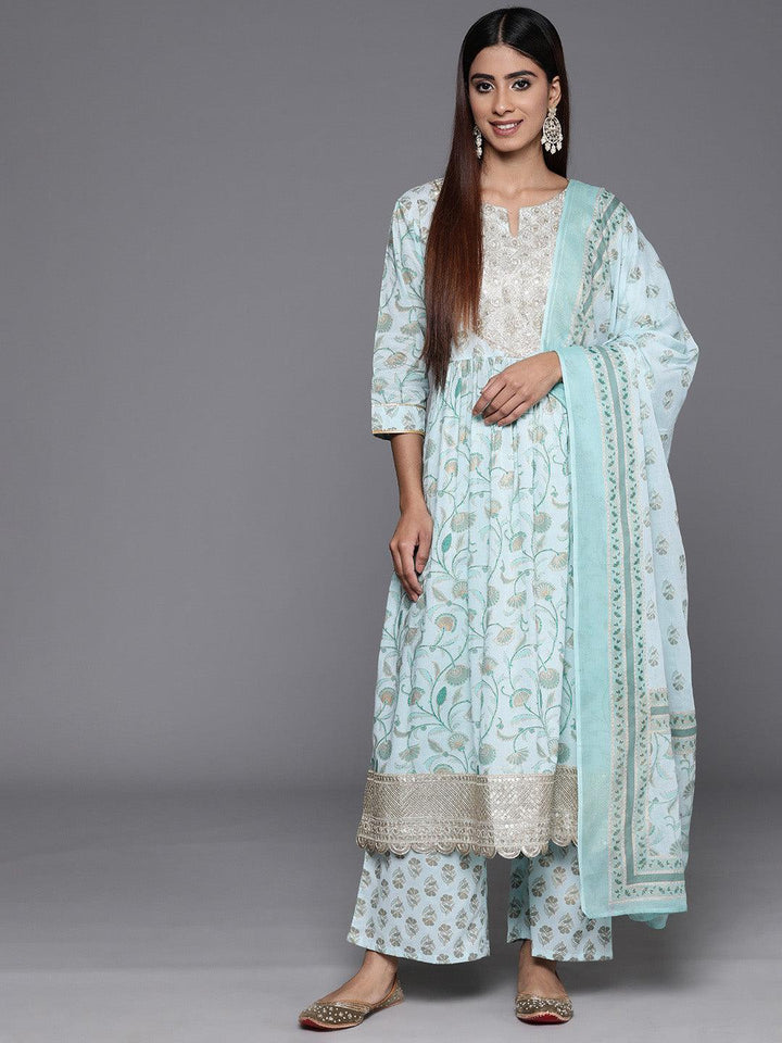 Blue Yoke Design Cotton A-Line Kurta With Palazzos & Dupatta - ShopLibas