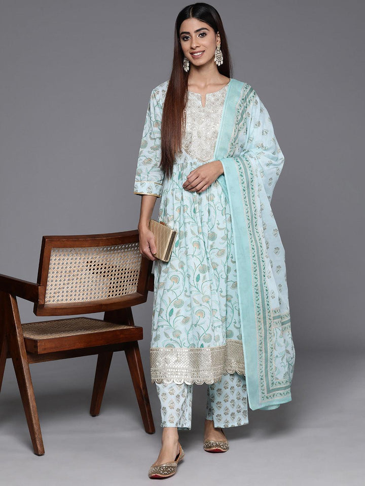 Blue Yoke Design Cotton A-Line Kurta With Palazzos & Dupatta - ShopLibas