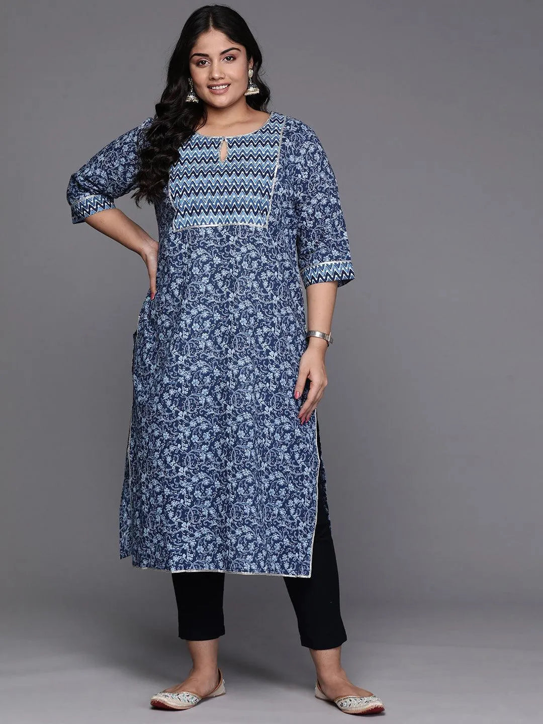 Blue Yoke Design Cotton Straight Kurta