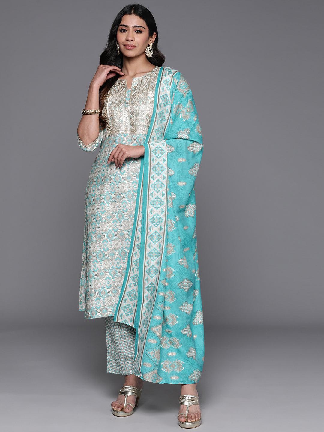 Blue Yoke Design Silk Blend Straight Kurta With Palazzos & Dupatta - ShopLibas