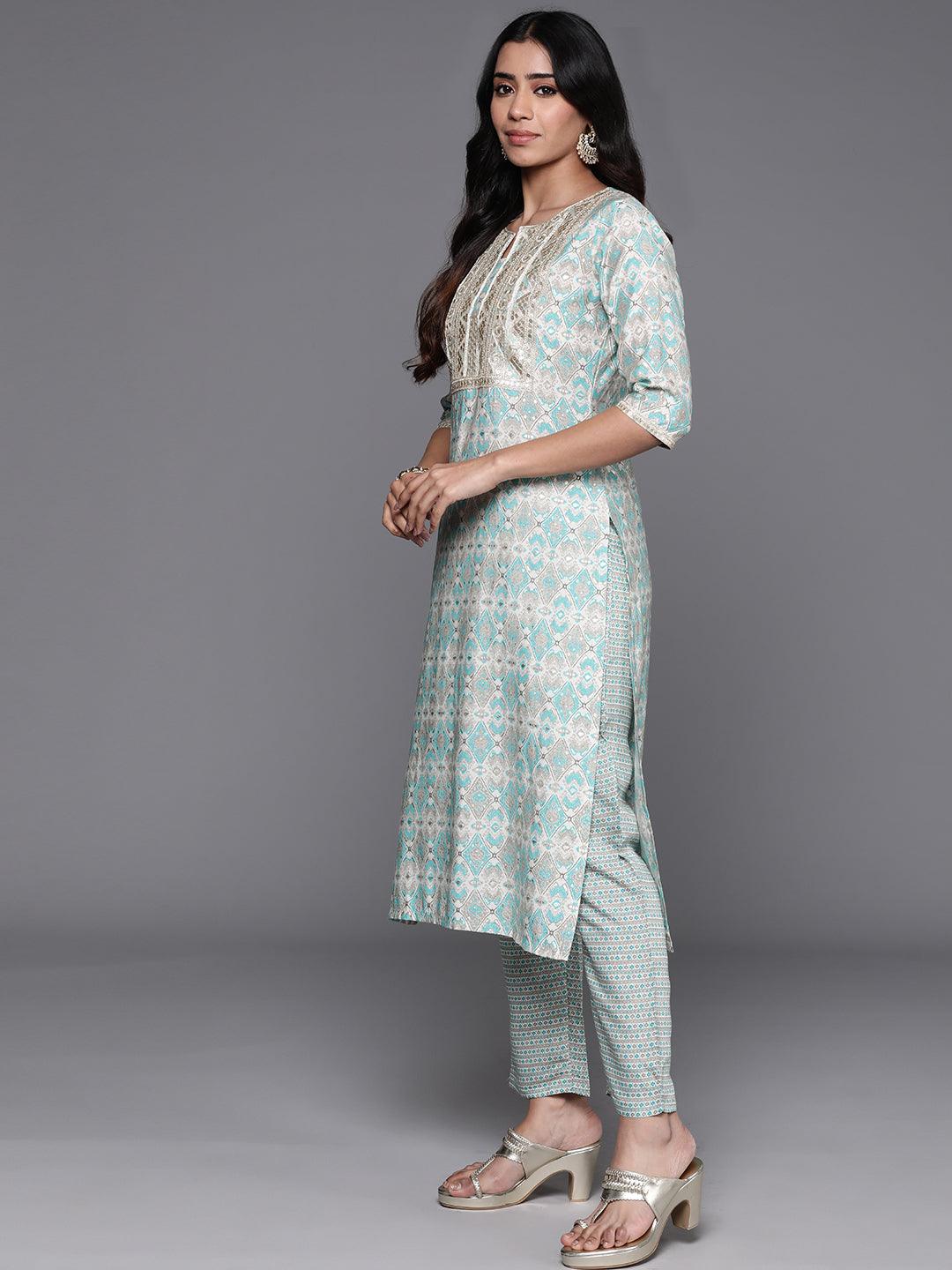 Blue Yoke Design Silk Blend Straight Kurta With Palazzos & Dupatta - ShopLibas