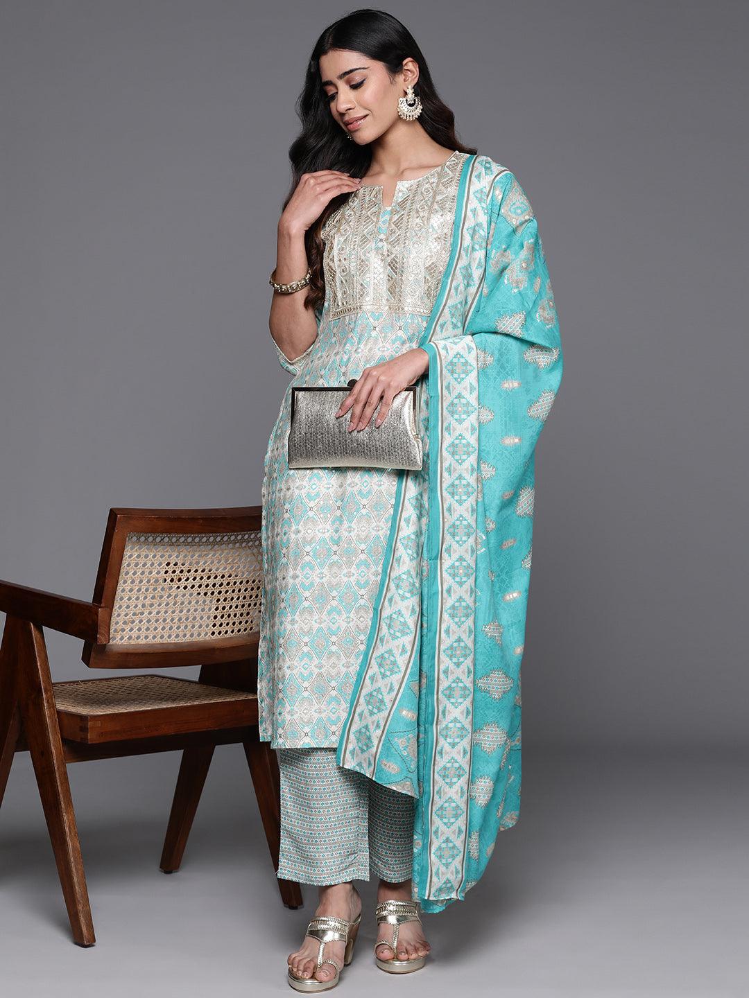 Blue Yoke Design Silk Blend Straight Suit With Dupatta