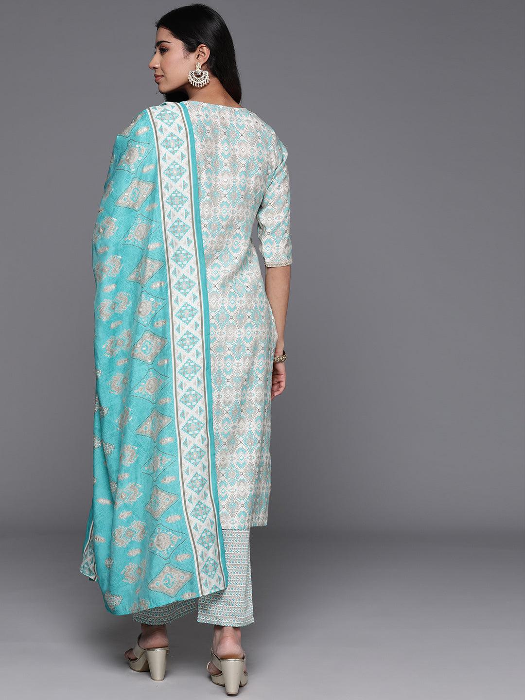 Blue Yoke Design Silk Blend Straight Suit With Dupatta