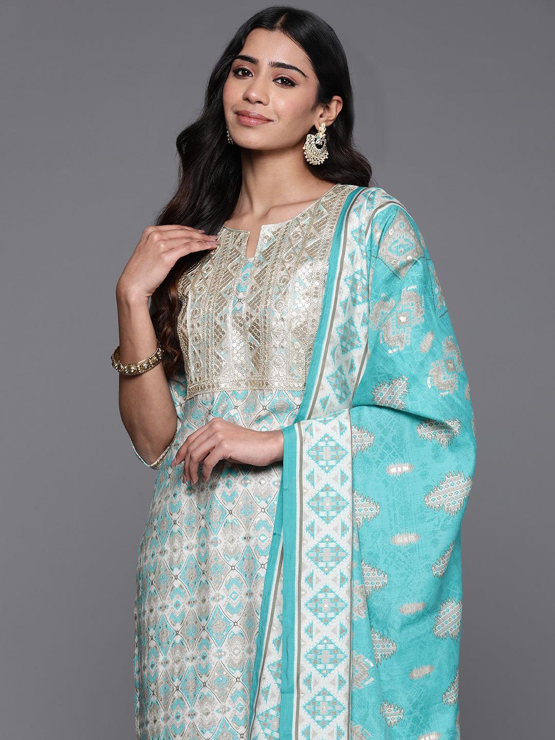 Blue Yoke Design Silk Blend Straight Suit With Dupatta