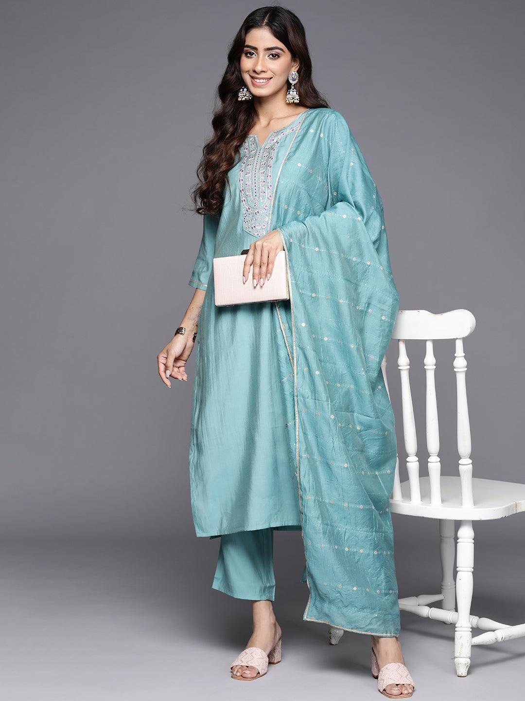 Blue Yoke Design Silk Blend Straight Kurta With Trousers & Dupatta - Libas