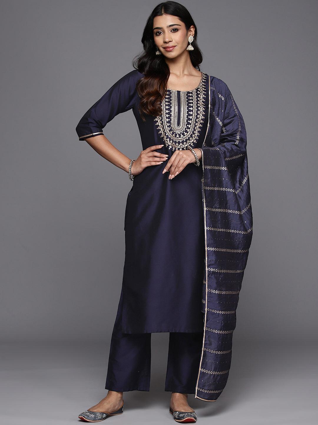 Blue Yoke Design Silk Blend Straight Kurta With Trousers & Dupatta - Libas