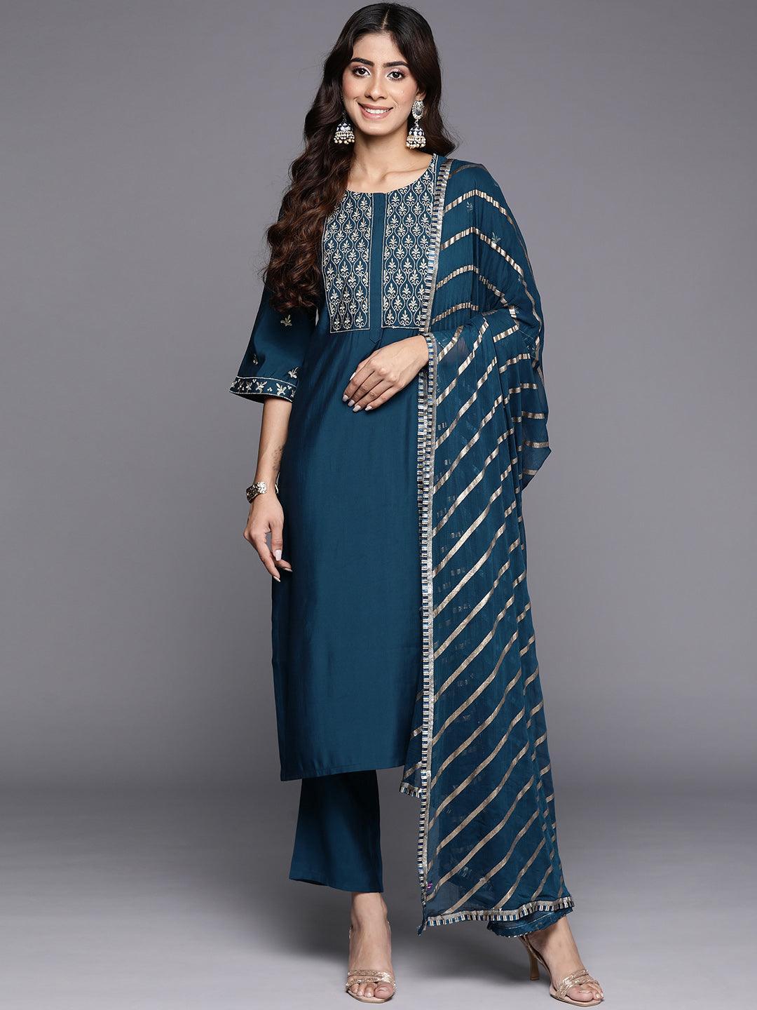 Blue Yoke Design Silk Blend Straight Kurta With Trousers & Dupatta - Libas