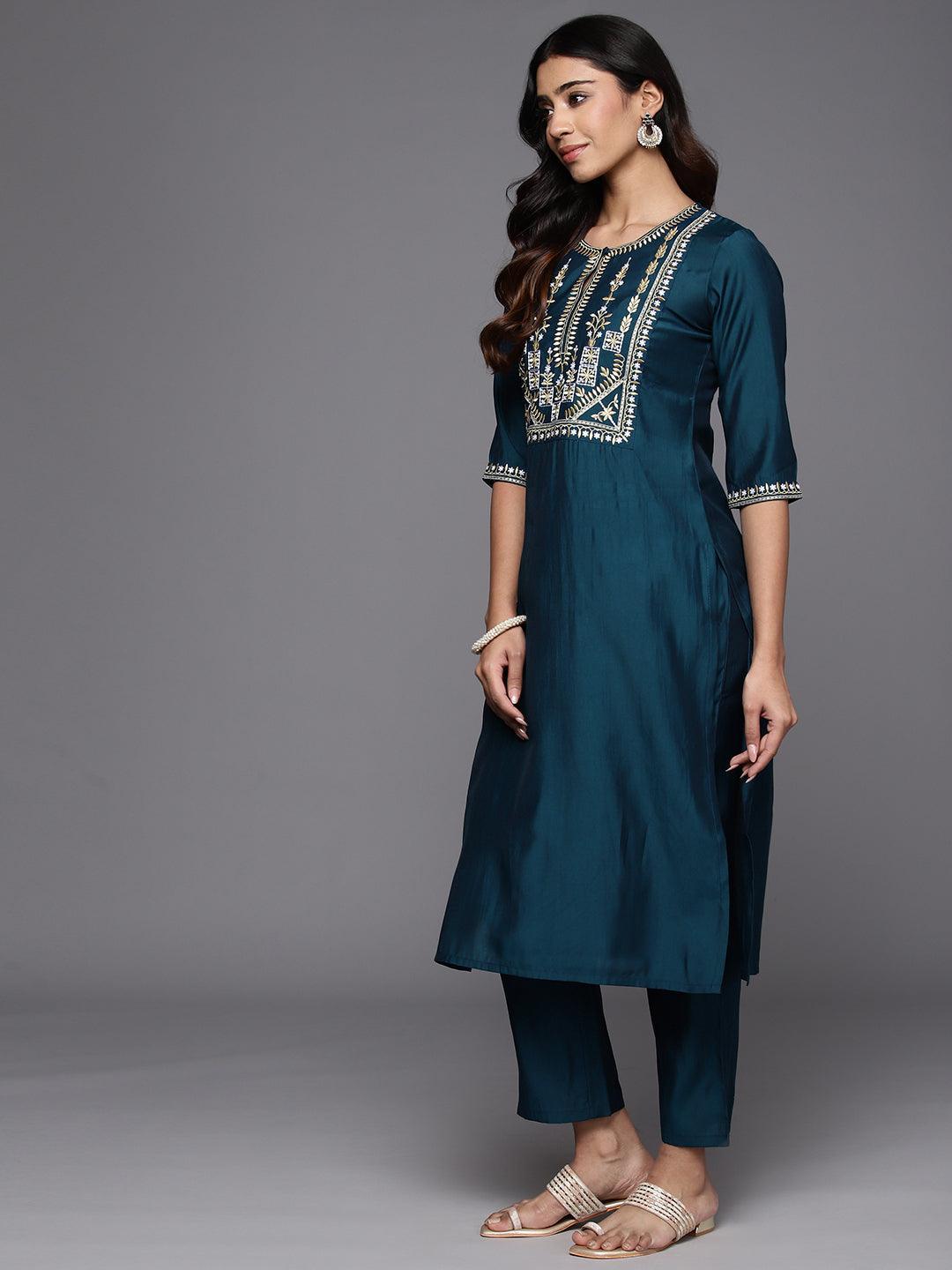 Blue Yoke Design Silk Blend Straight Suit With Dupatta