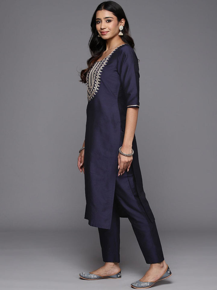 Blue Yoke Design Silk Blend Straight Kurta With Trousers & Dupatta - Libas