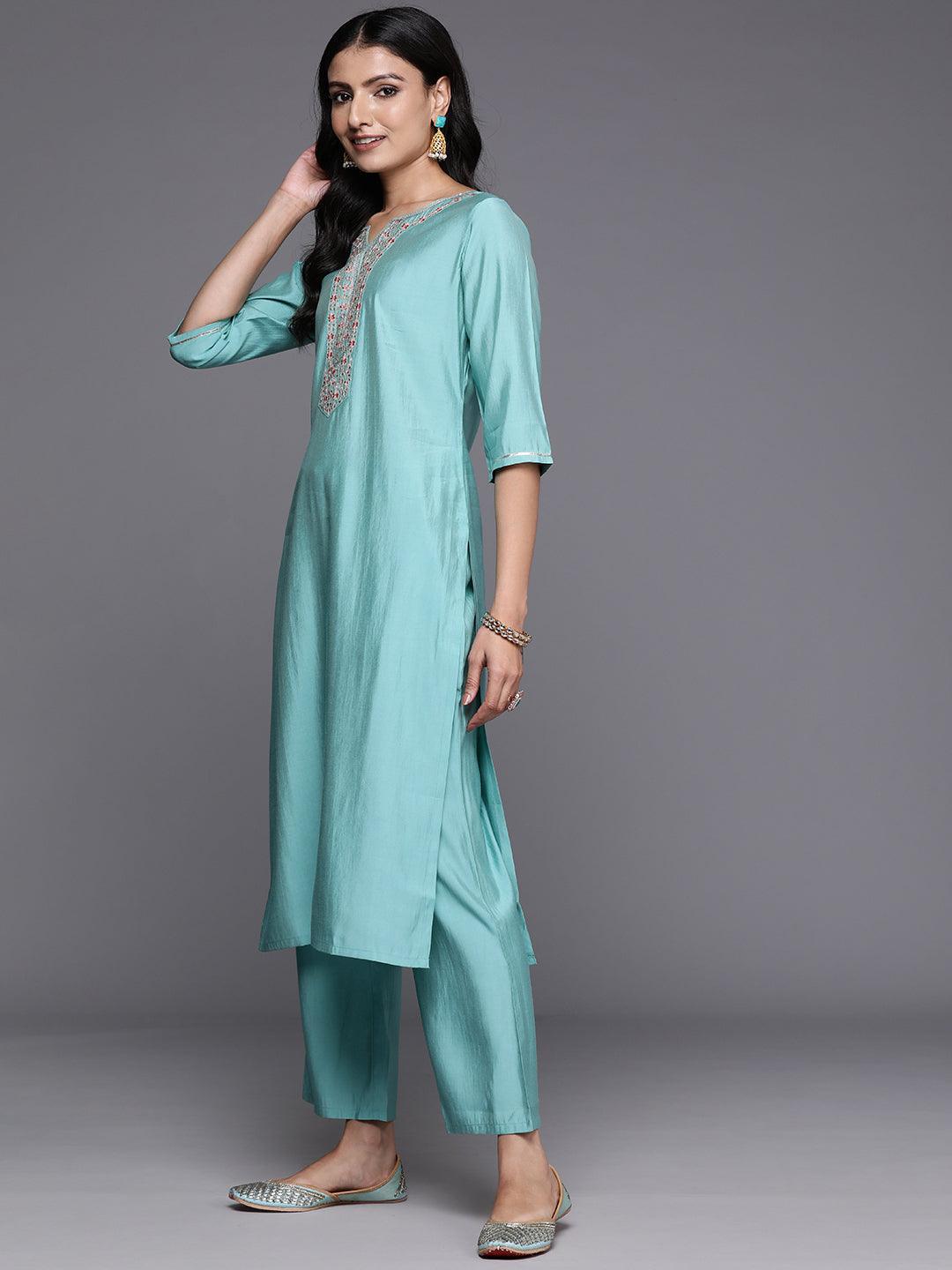 Blue Yoke Design Silk Blend Straight Kurta With Trousers & Dupatta - Libas