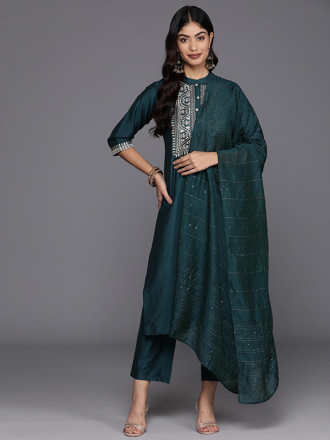 Blue Yoke Design Silk Blend Straight Suit With Dupatta