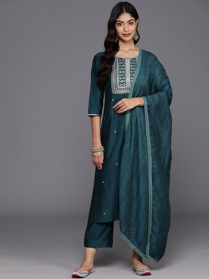 Blue Yoke Design Silk Blend Straight Kurta With Trousers & Dupatta - Libas