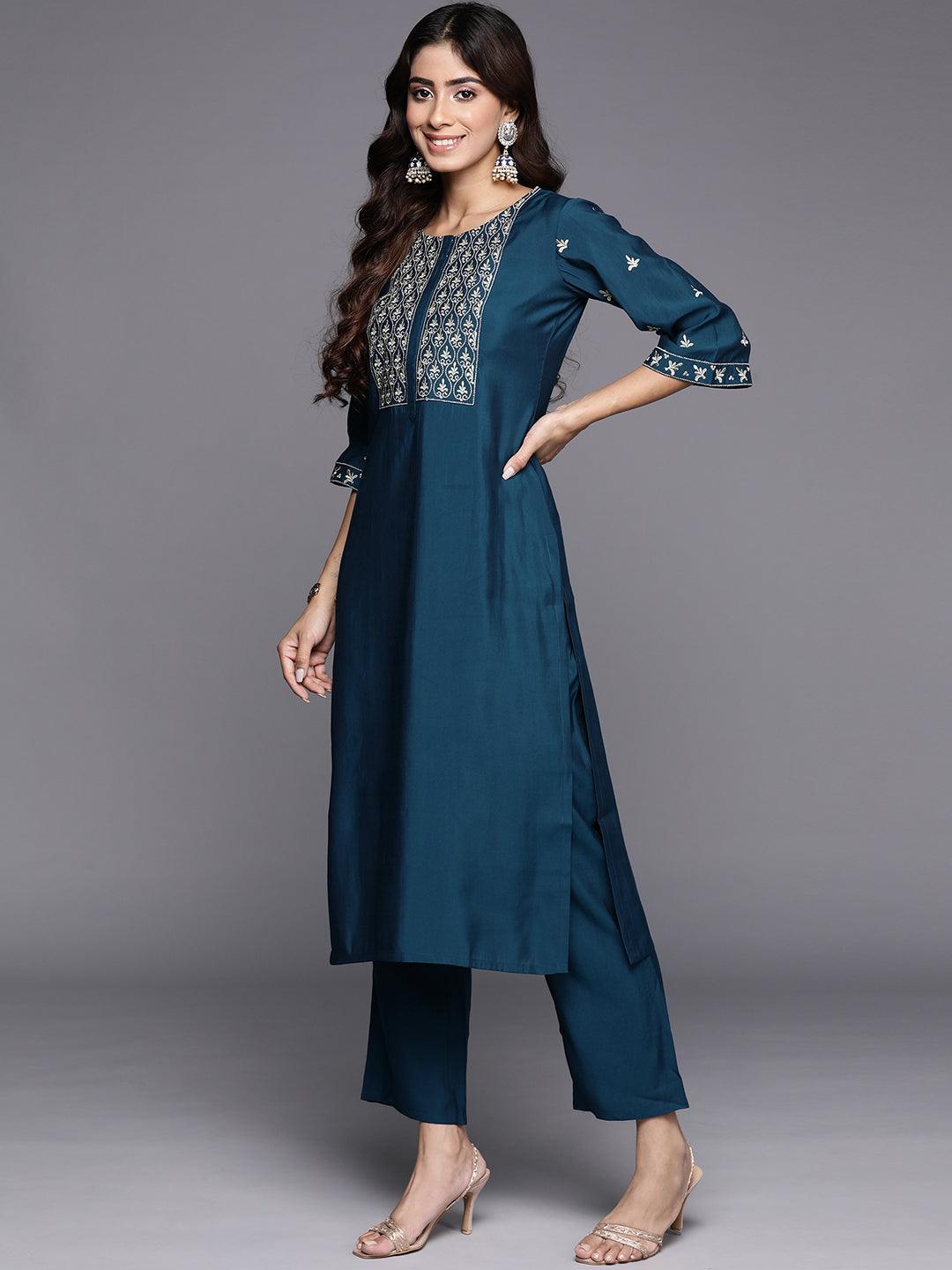 Blue Yoke Design Silk Blend Straight Kurta With Trousers & Dupatta - Libas