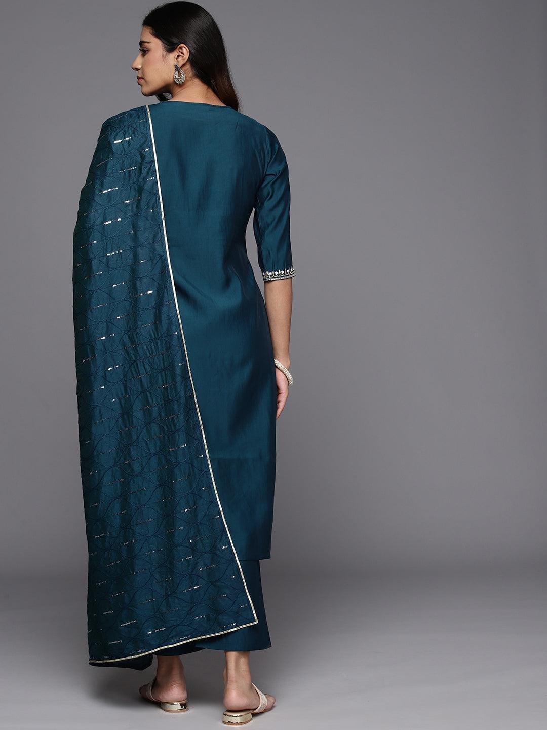 Blue Yoke Design Silk Blend Straight Kurta With Trousers & Dupatta - Libas