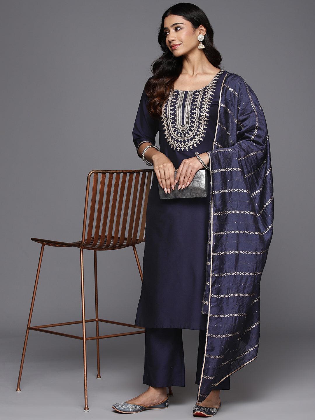 Blue Yoke Design Silk Blend Straight Kurta With Trousers & Dupatta - Libas