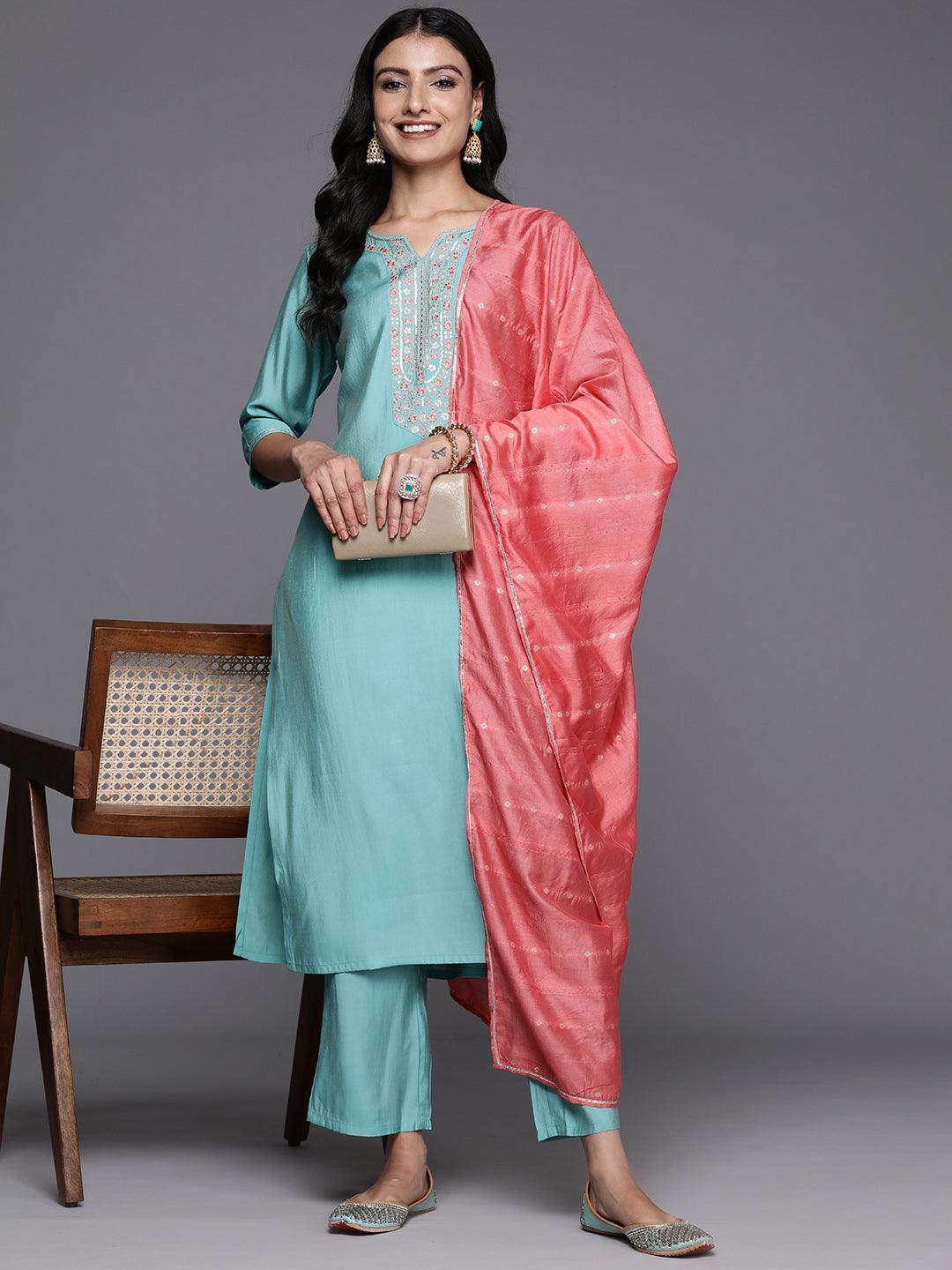 Blue Yoke Design Silk Blend Straight Suit With Dupatta