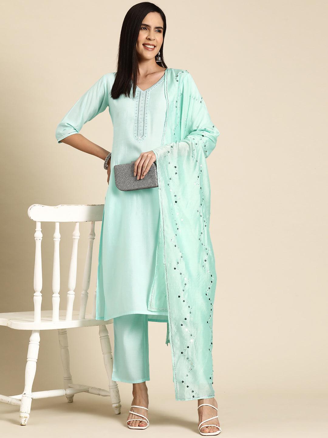 Blue Yoke Design Silk Blend Straight Kurta With Trousers & Dupatta - Libas