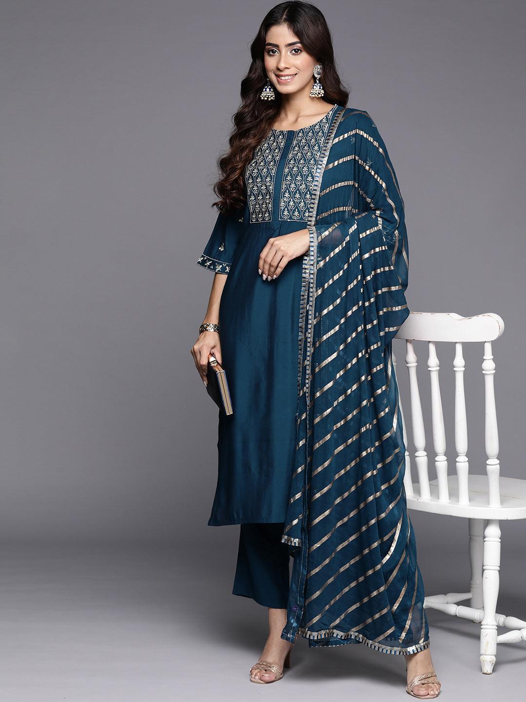 Blue Yoke Design Silk Blend Straight Kurta With Trousers & Dupatta - Libas