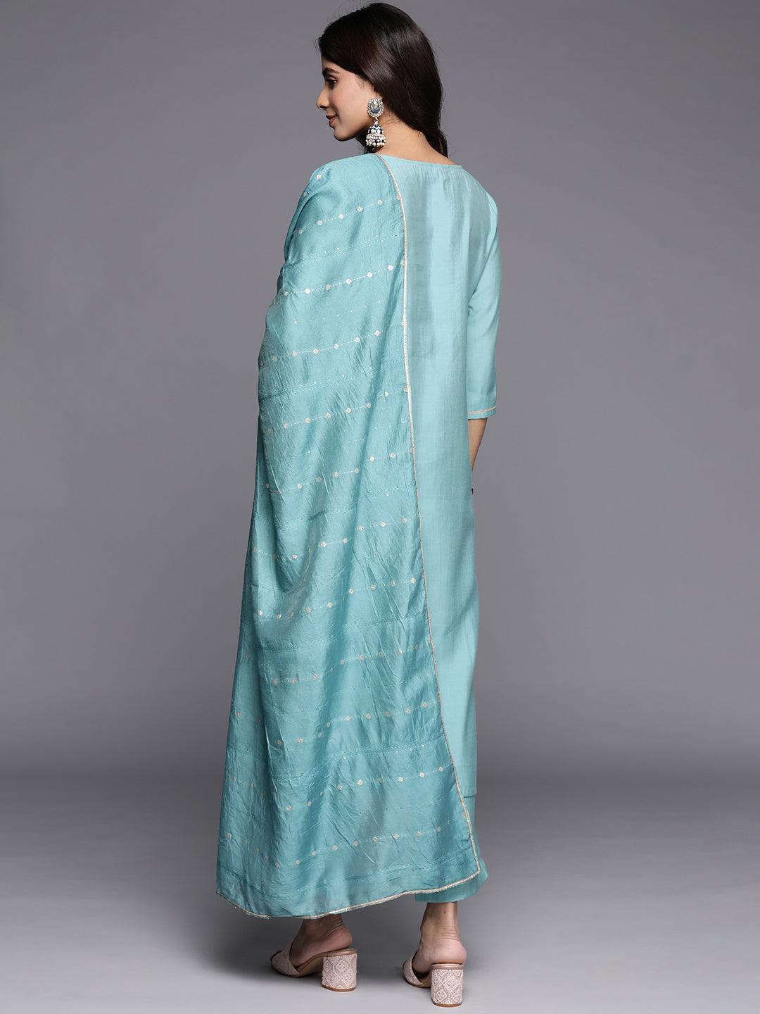 Blue Yoke Design Silk Blend Straight Suit With Dupatta