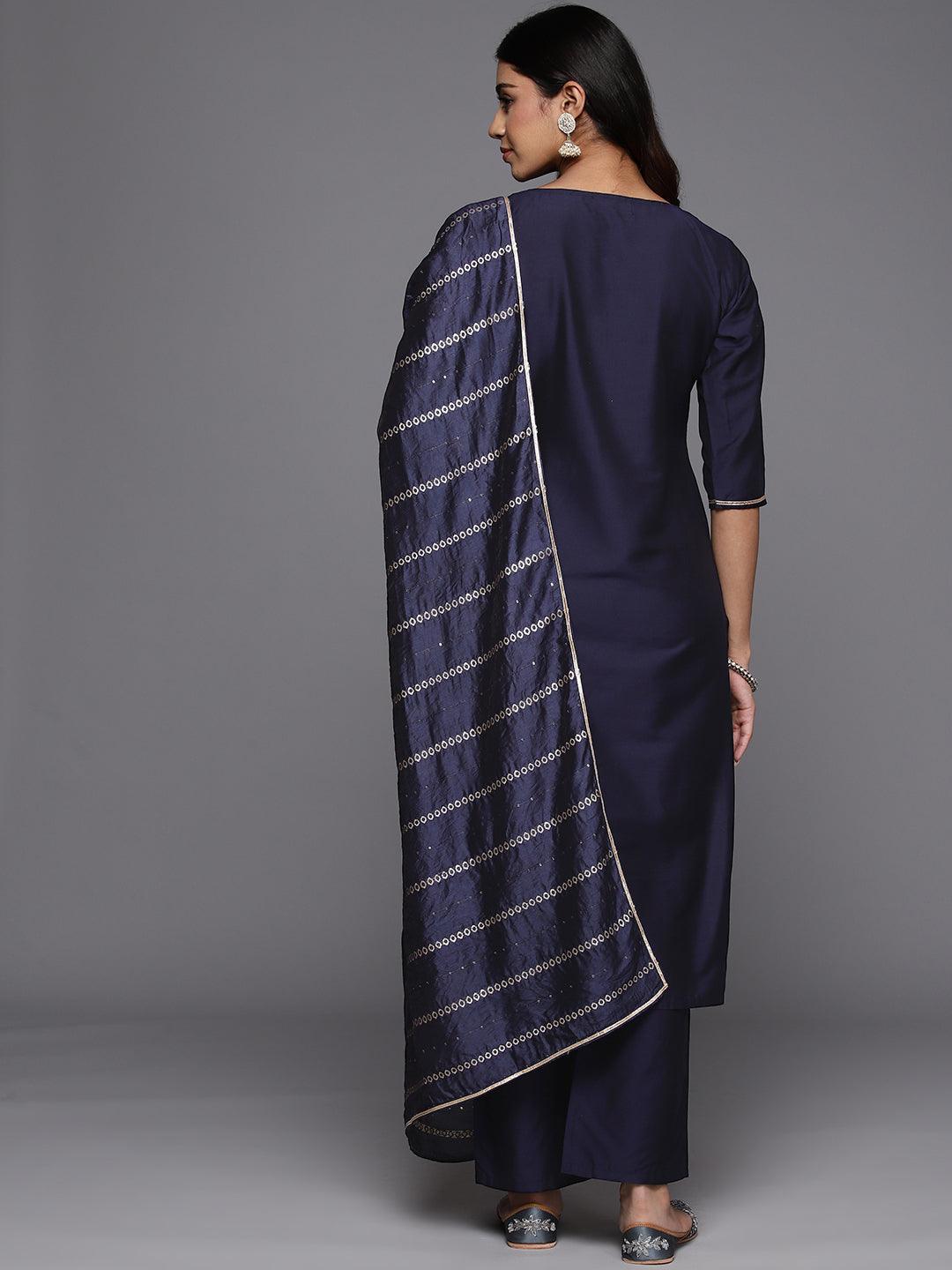 Blue Yoke Design Silk Blend Straight Kurta With Trousers & Dupatta - Libas