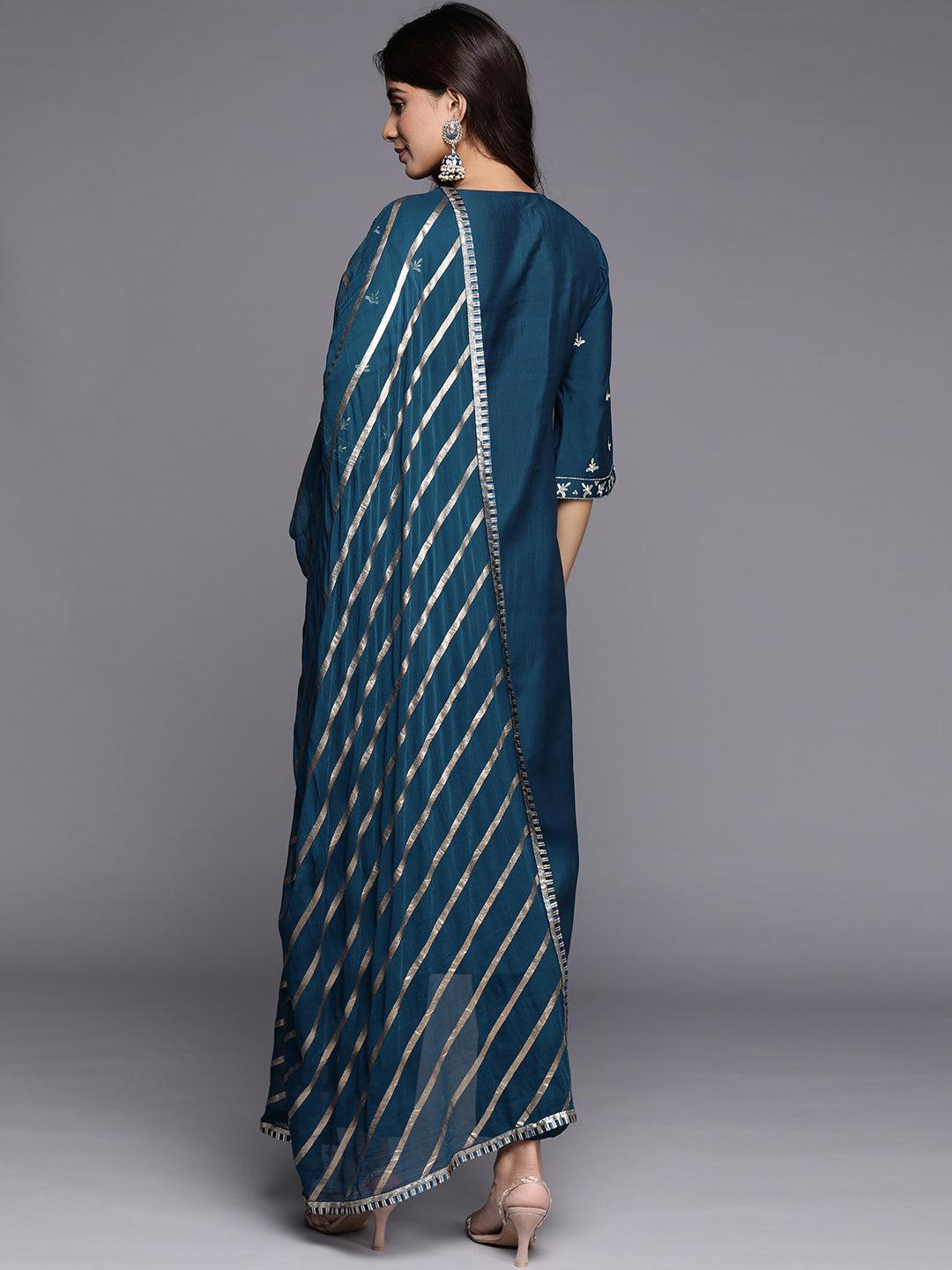 Blue Yoke Design Silk Blend Straight Kurta With Trousers & Dupatta - Libas