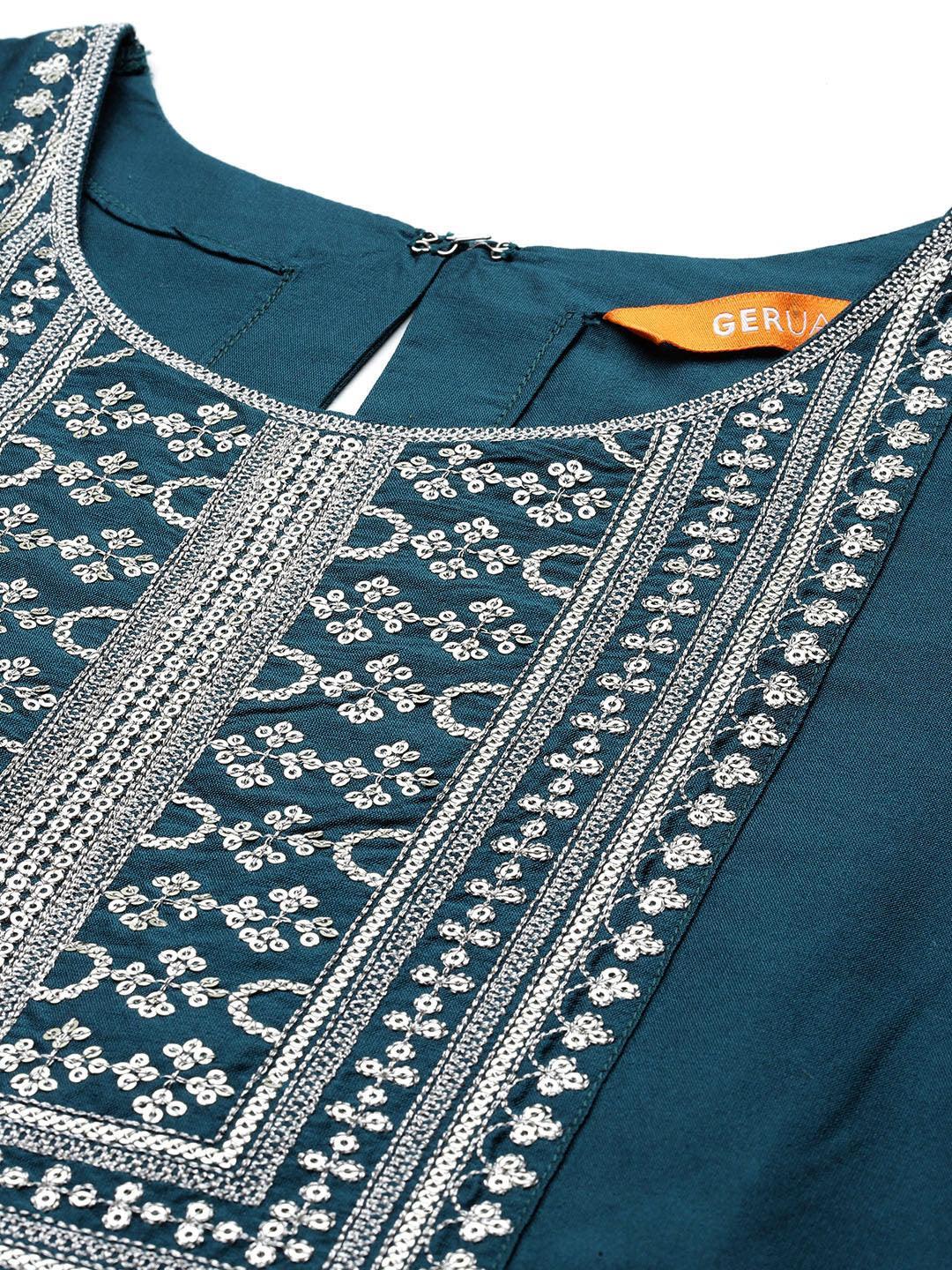 Blue Yoke Design Silk Blend Straight Kurta With Trousers & Dupatta - Libas