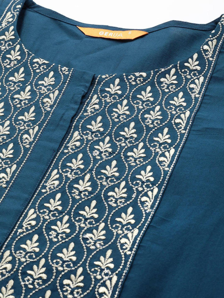 Blue Yoke Design Silk Blend Straight Kurta With Trousers & Dupatta - Libas