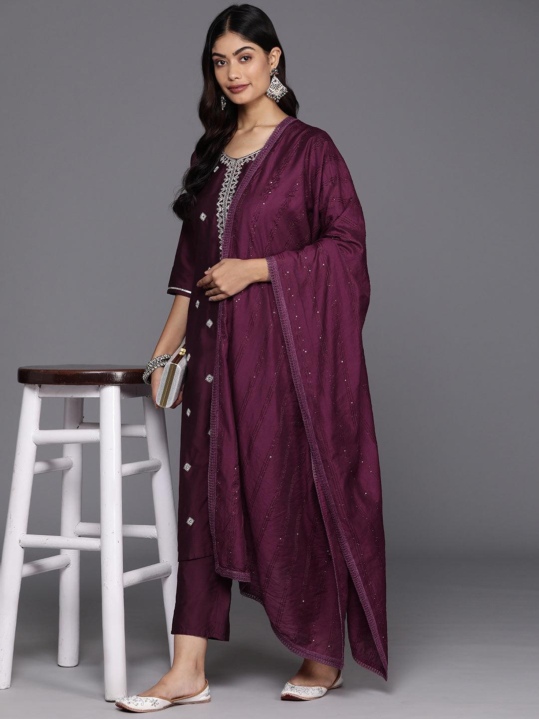 Burgundy Embroidered Silk Blend Straight Suit With Dupatta