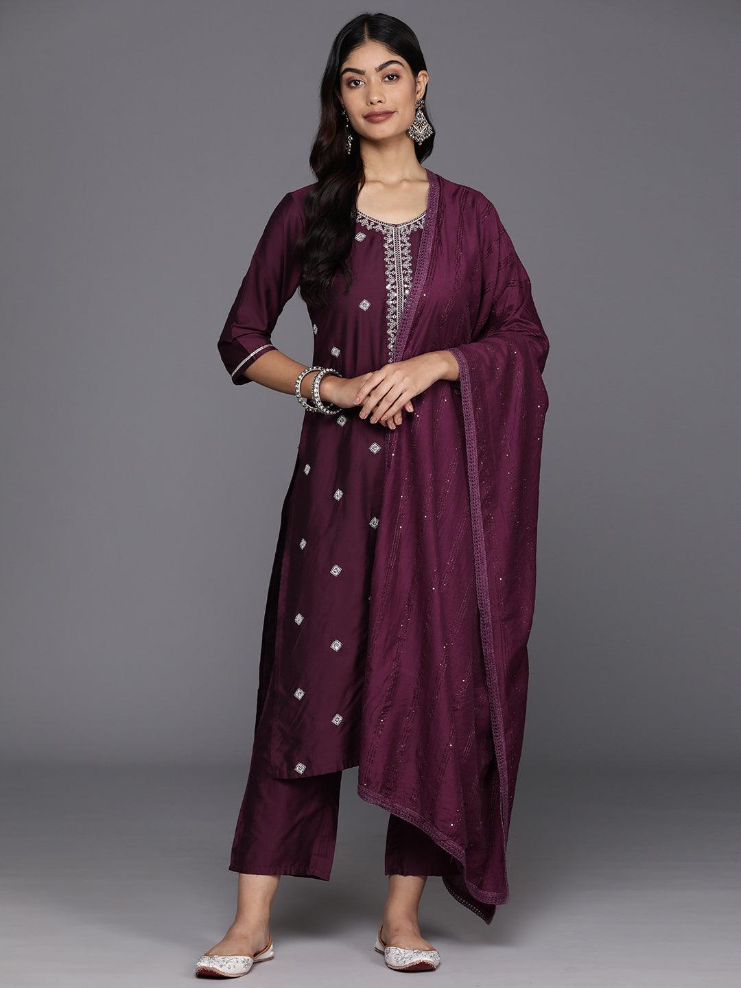 Burgundy Embroidered Silk Blend Straight Suit With Dupatta