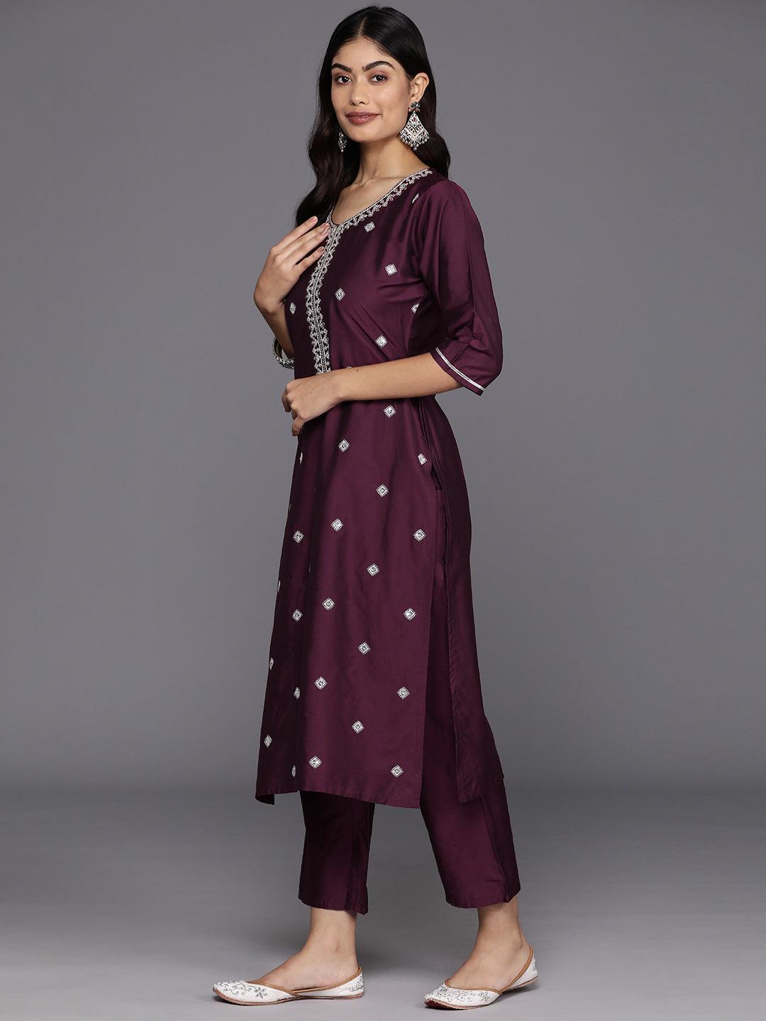 Burgundy Embroidered Silk Blend Straight Suit With Dupatta