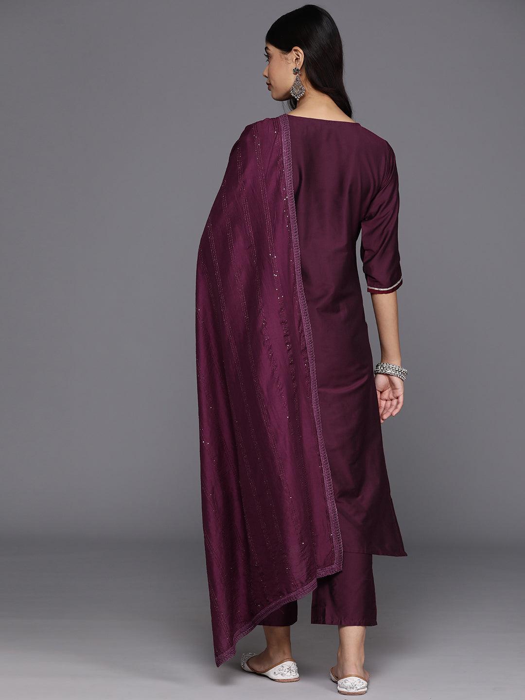 Burgundy Embroidered Silk Blend Straight Suit With Dupatta