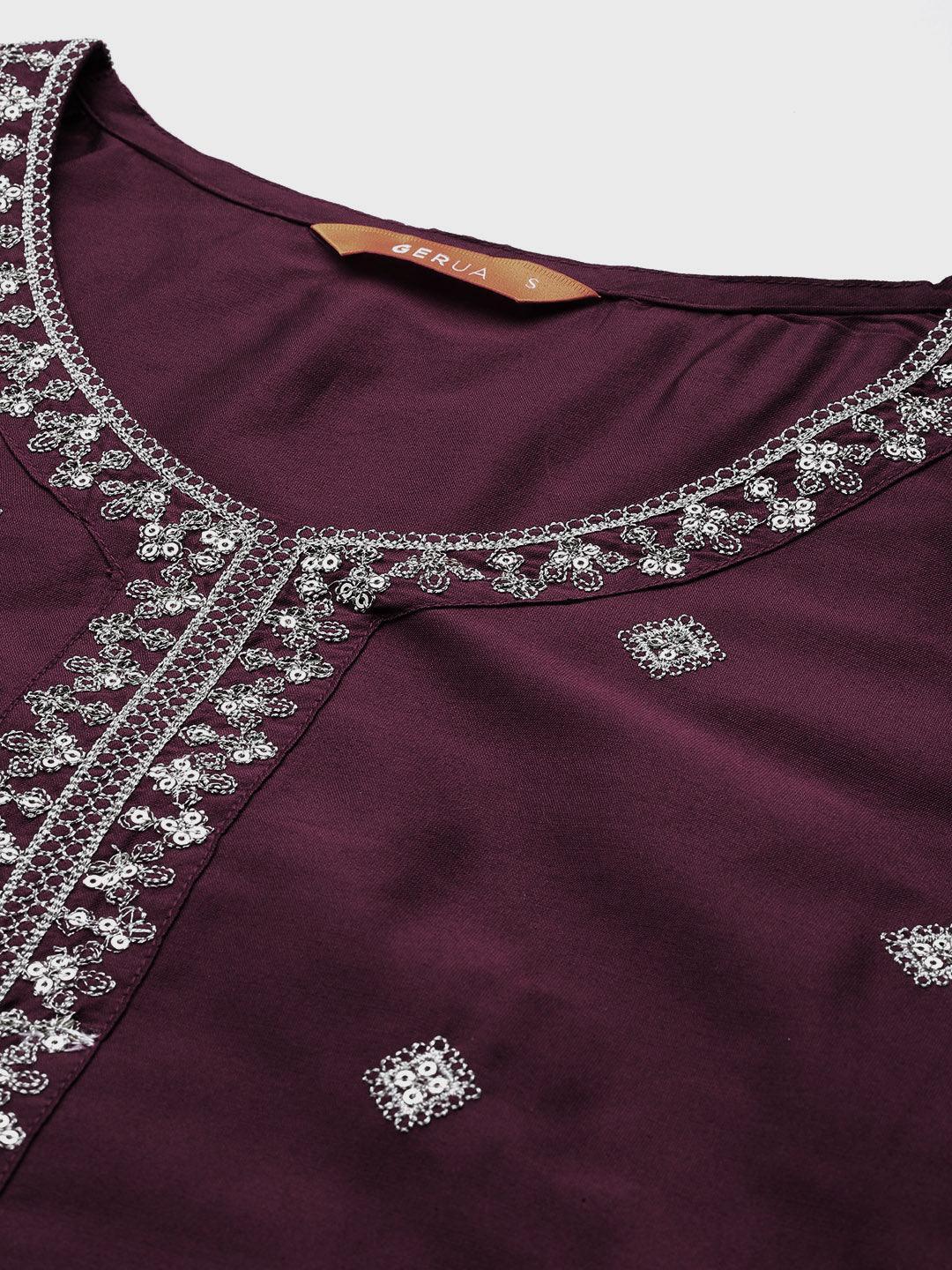 Burgundy Embroidered Silk Blend Straight Suit With Dupatta