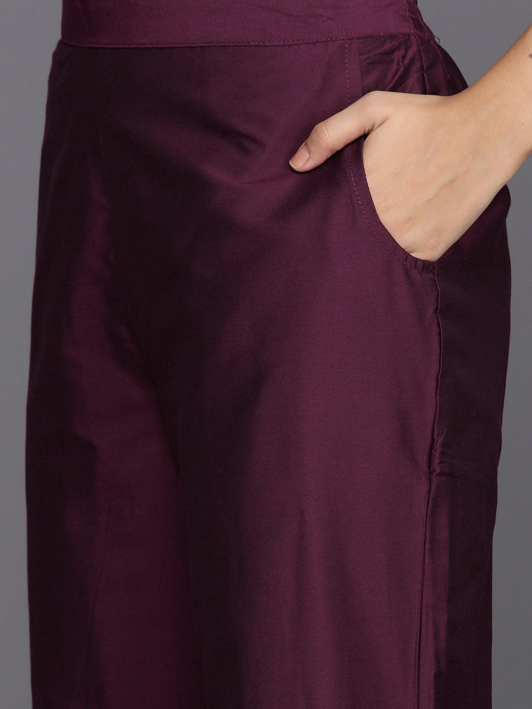 Burgundy Embroidered Silk Blend Straight Suit With Dupatta