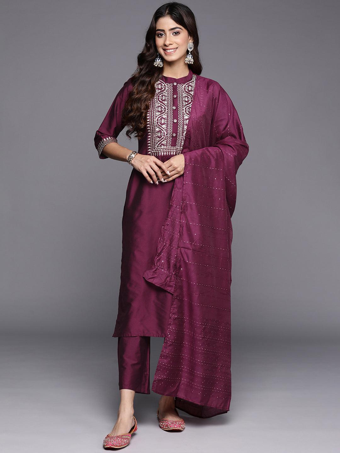 Burgundy Yoke Design Silk Blend Straight Suit With Dupatta