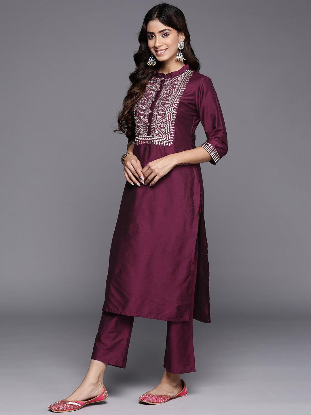 Burgundy Yoke Design Silk Blend Straight Suit With Dupatta