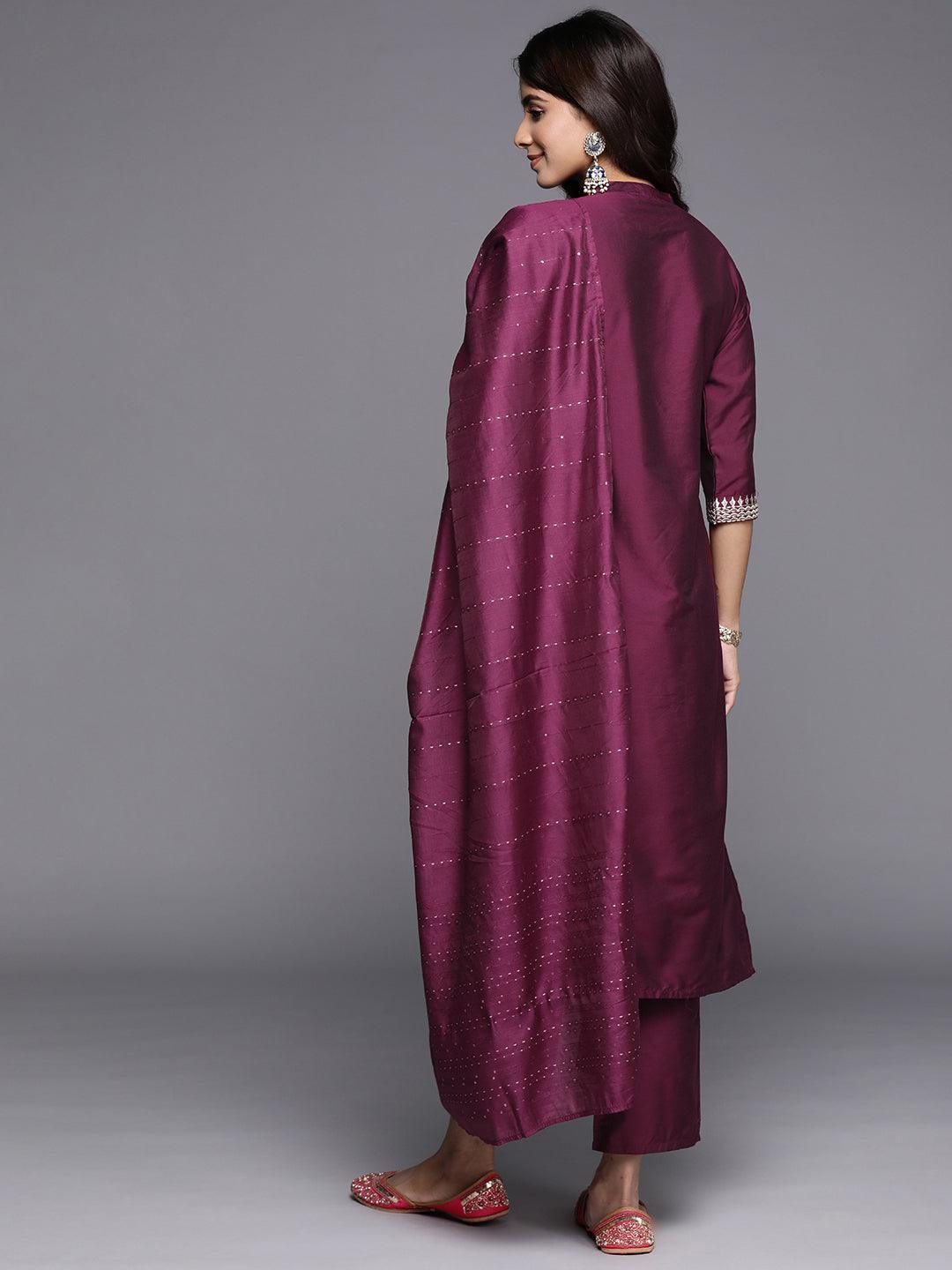 Burgundy Yoke Design Silk Blend Straight Suit With Dupatta