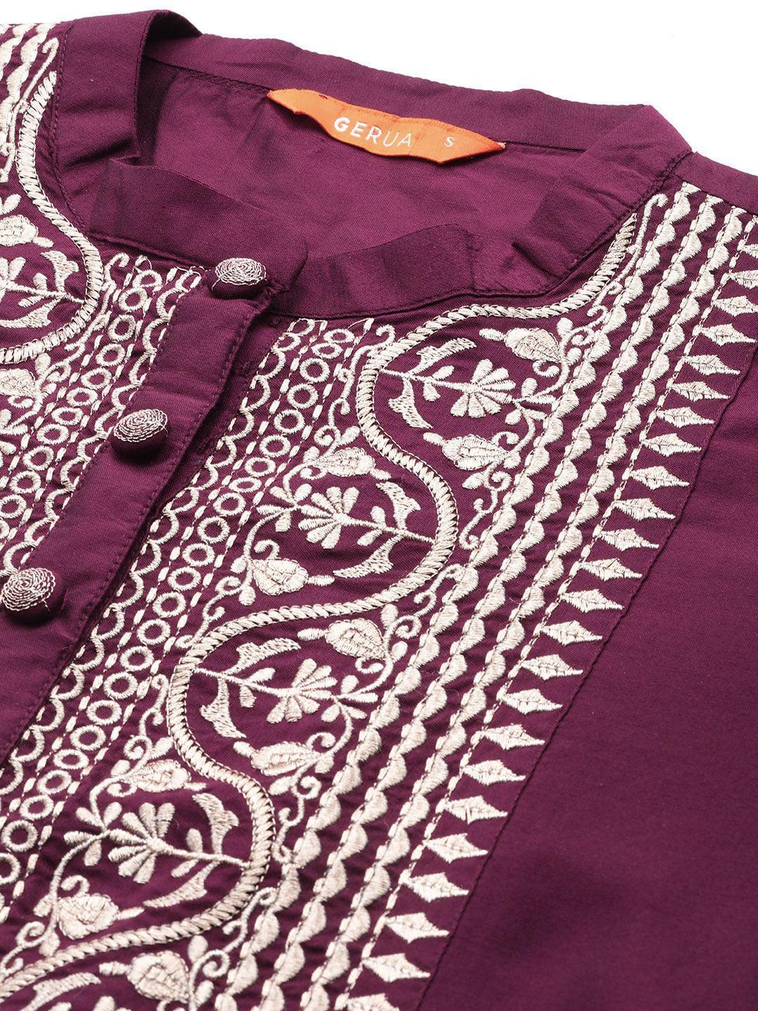 Burgundy Yoke Design Silk Blend Straight Suit With Dupatta