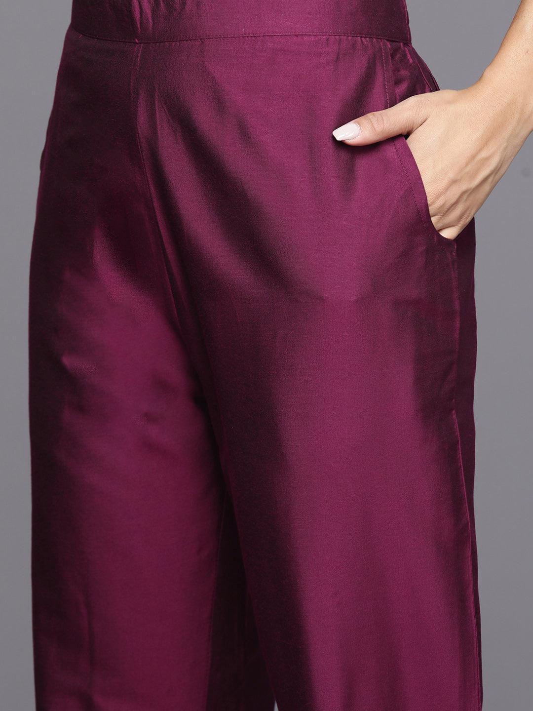 Burgundy Yoke Design Silk Blend Straight Suit With Dupatta