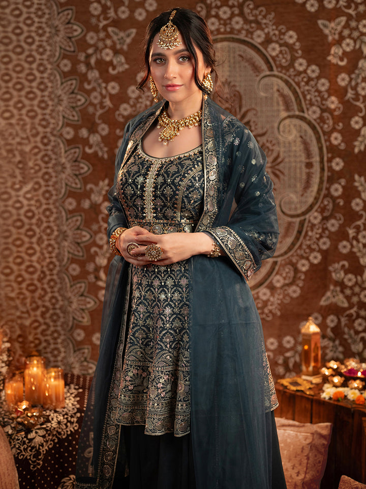 Libas Art Blue Embroidered Silk Anarkali Suit Set With Palazzos