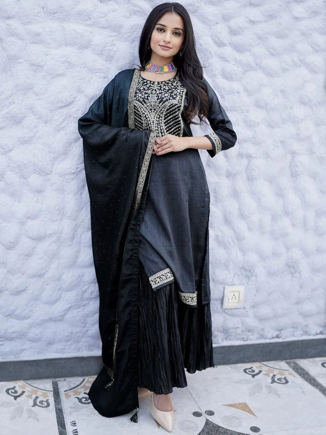 Charcoal Yoke Design Silk Blend Straight Suit Set