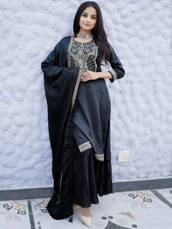 Charcoal Yoke Design Silk Blend Straight Suit Set - ShopLibas